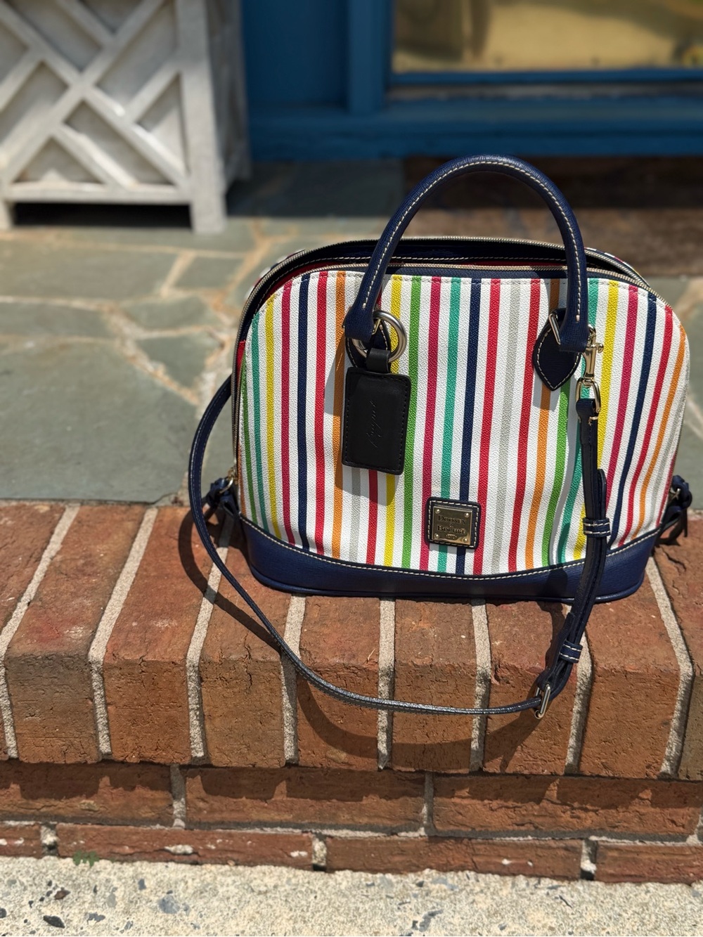 Like New Vintage Dooney &Bourke “Catalina” Striped Satchel with Navy Trim - Picture 3 of 15